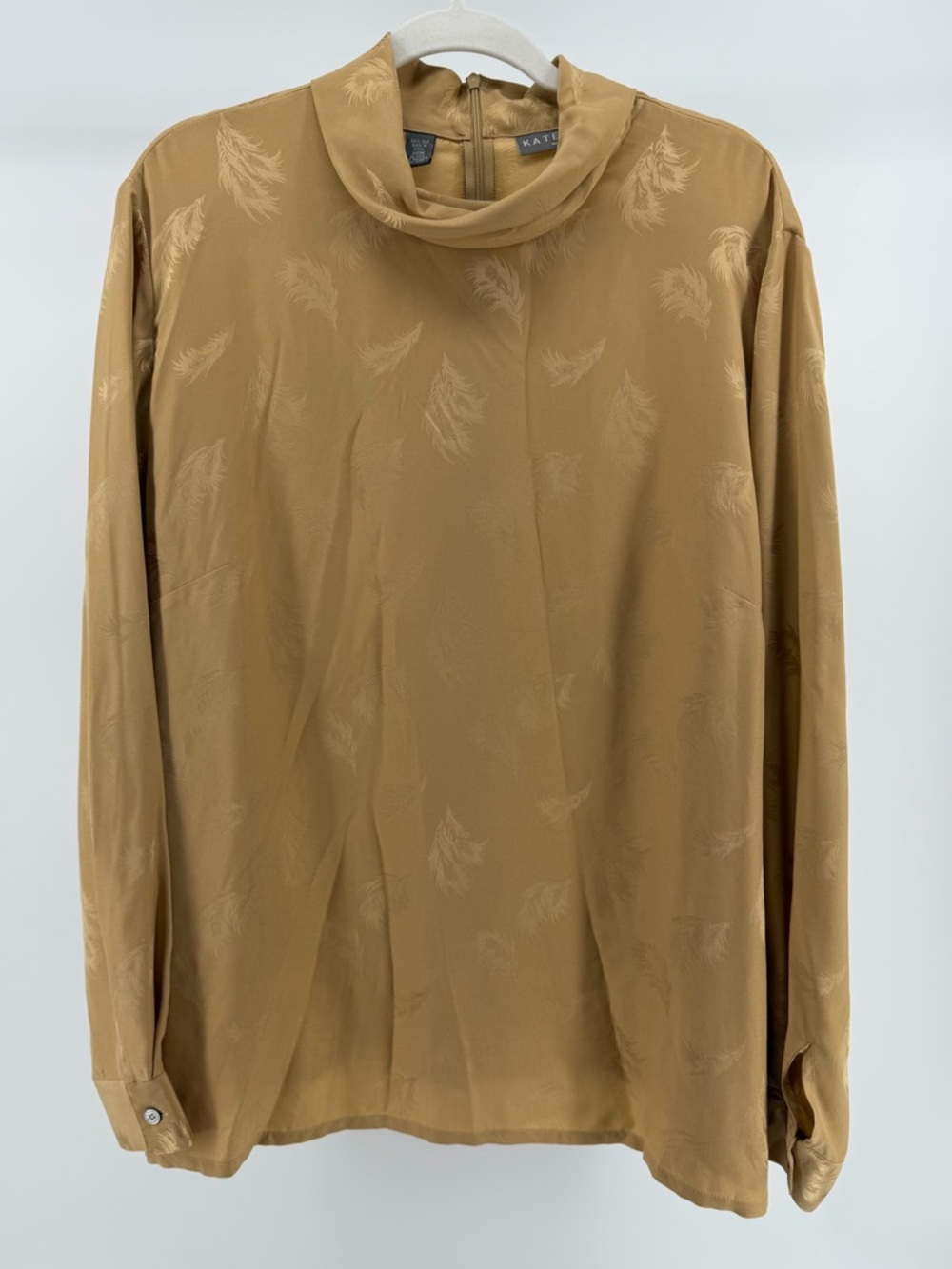 Kate Hill 100% Silk Tan Gold Feather Print Long Sleeve Mock Neck Blouse Top, 22W